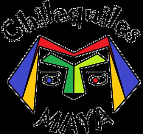 Geometric tribal mask logo with colorful panels in red, blue, yellow, and green featuring stylized eyes and MAYA text