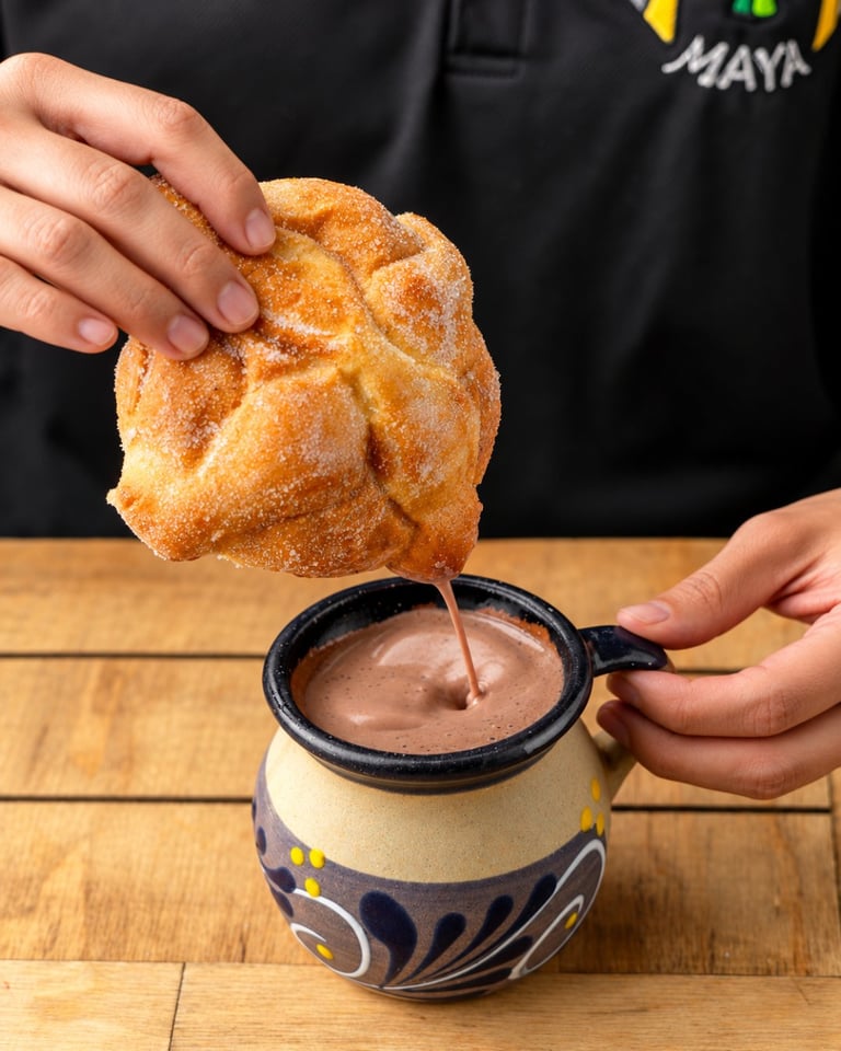 Person holding a churro above a small ceramic cup of chocolate sauce, dipping the fried pastry into the sauce