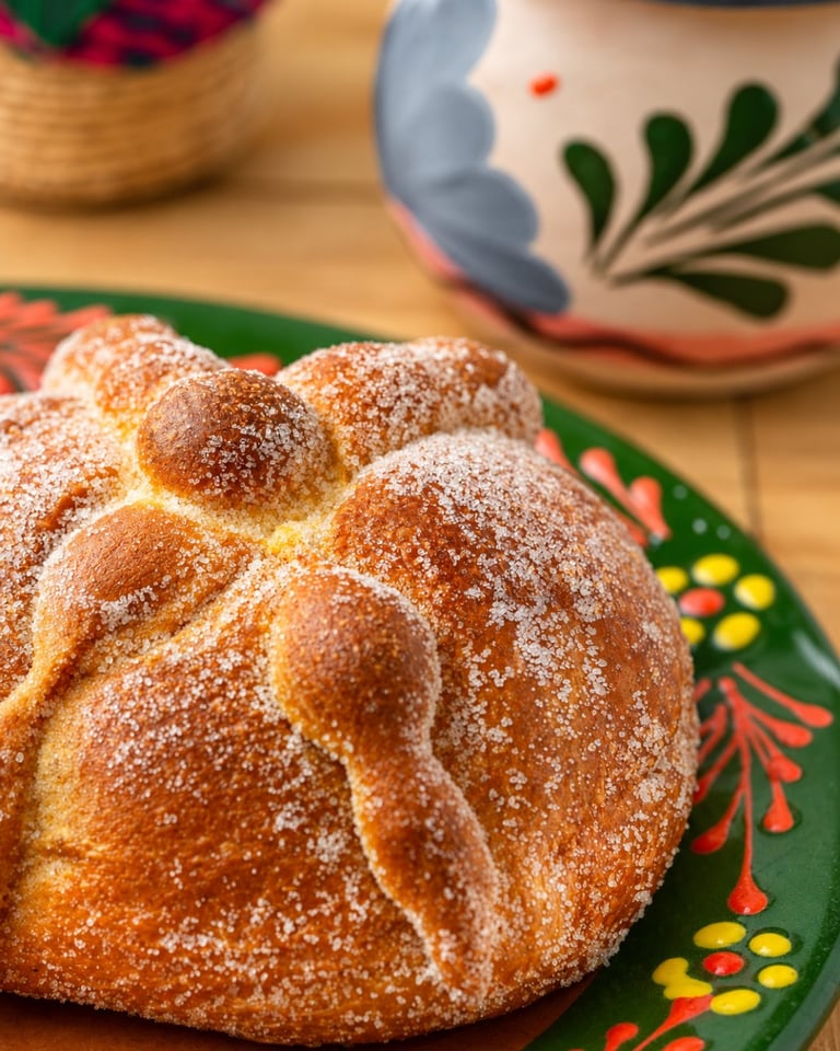 Sugar-dusted round pastry on decorative green plate with colorful folk art patterns and ceramic dishes in background